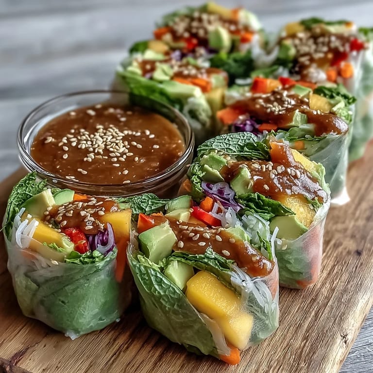 Dipping a fresh Vegan Mango Avocado Spring Roll into sweet chili sauce next to sliced limes and extra herbs.