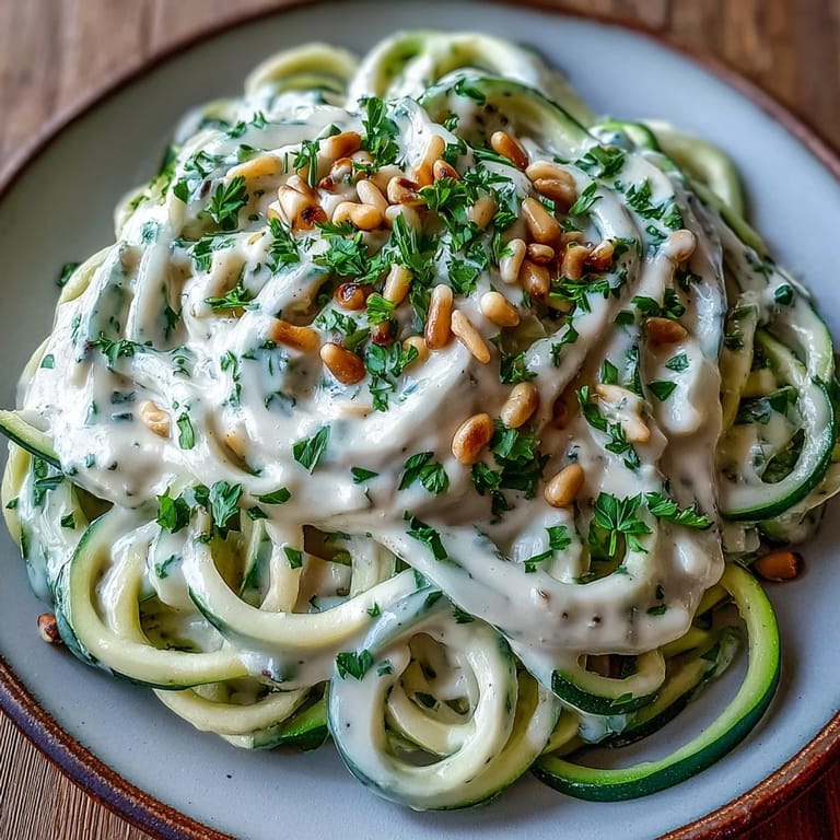 Tender green zucchini noodles are tossed with silky dairy-free Alfredo and garnished with toasted pine nuts.