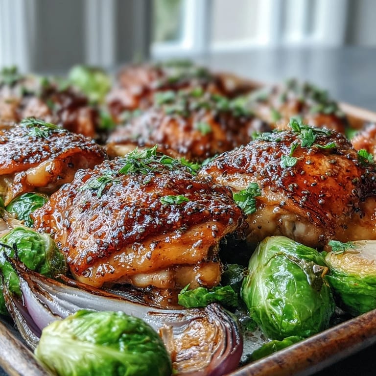 Freshly roasted Sheet Pan Honey Mustard Chicken and Brussels sprouts plated, garnished with chopped parsley, ready to serve as a vibrant weeknight dinner.