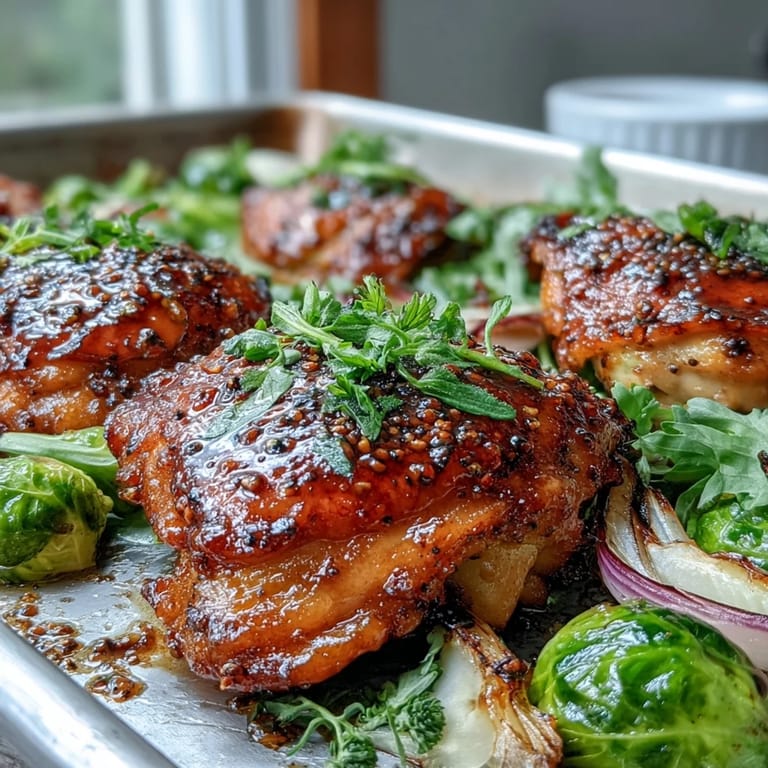 Juicy Sheet Pan Honey Mustard Chicken thighs roasted to perfection with charred Brussels sprouts on a rustic baking sheet, emitting aromatic steam.