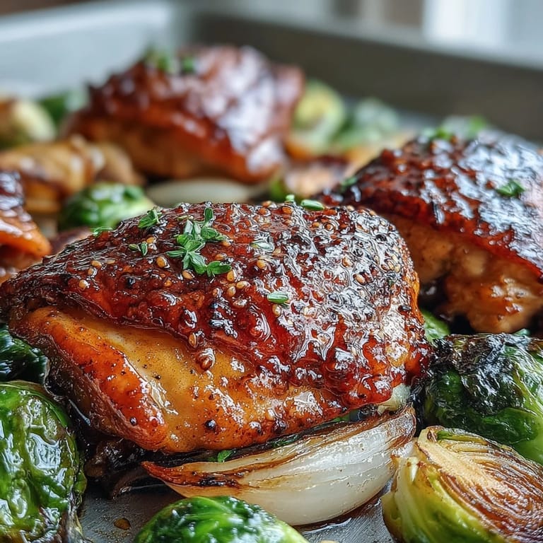 Freshly roasted Sheet Pan Honey Mustard Chicken and Brussels sprouts plated, garnished with chopped parsley, ready to serve as a vibrant weeknight dinner.