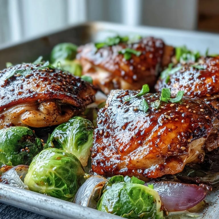 Juicy Sheet Pan Honey Mustard Chicken thighs roasted to perfection with charred Brussels sprouts on a rustic baking sheet, emitting aromatic steam.
