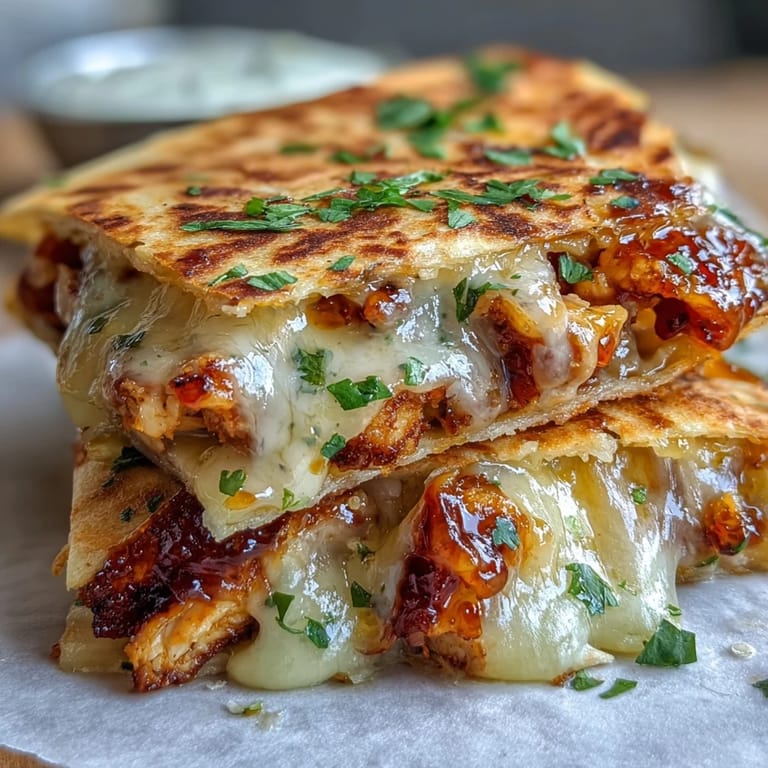 Close-up of a warm Cheesy Hot Honey Chicken Quesadilla showing gooey cheese pull, tender chicken pieces, and a golden crispy tortilla edge.