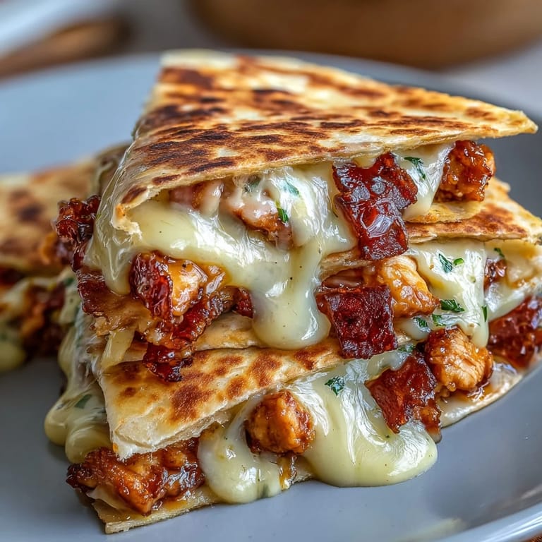 Creamy jalapeño sauce drizzled over cheesy hot honey chicken quesadilla wedges, served with fresh cilantro and lime on a rustic wooden board.