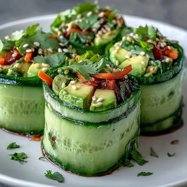 Sliced avocado and crisp cucumber strips filled with carrots and herbs show the fresh ingredients inside these Light Cucumber Avocado Rolls with Sesame.