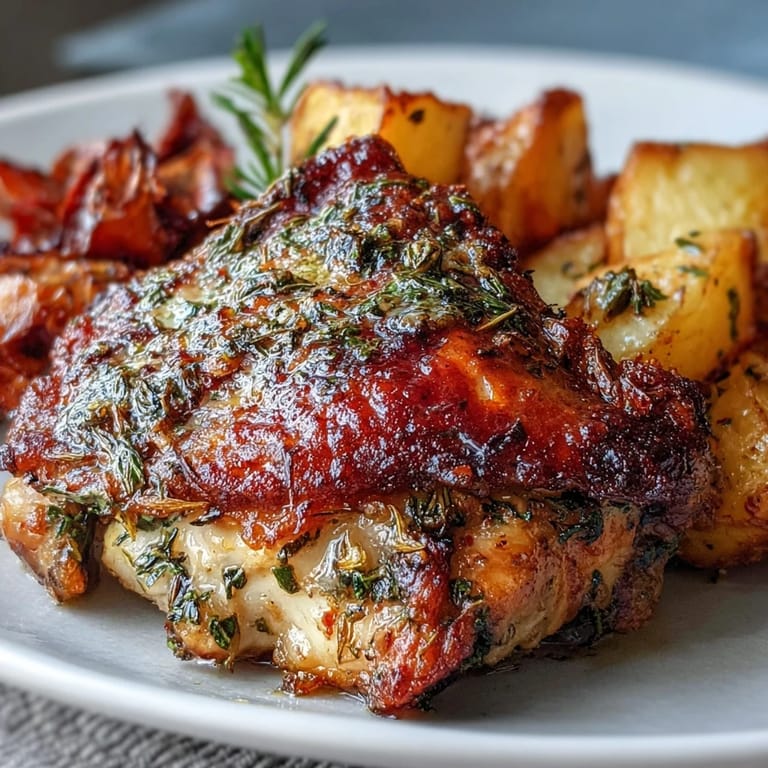 Juicy chicken thighs seasoned with herbs, roasted alongside tender carrots and potatoes for a comforting family meal.  