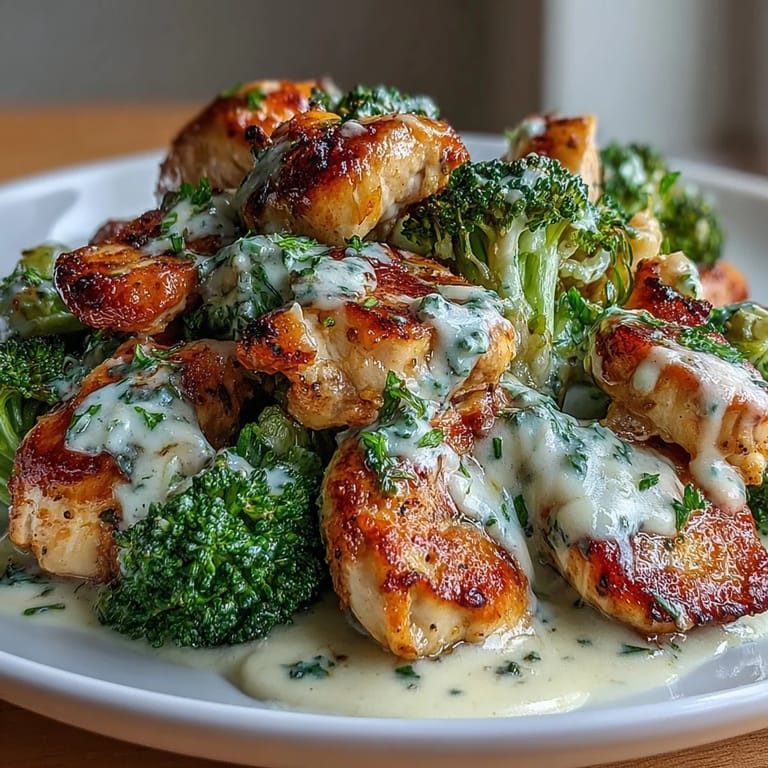 Keto-friendly chicken Alfredo recipe featuring golden seared chicken and velvety sauce served atop steamed broccoli instead of traditional pasta.