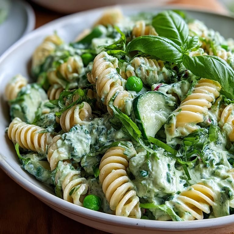 Creamy green goddess pasta salad packed with herbs, crisp veggies, and tender pasta—perfect for picnics and light lunches.  