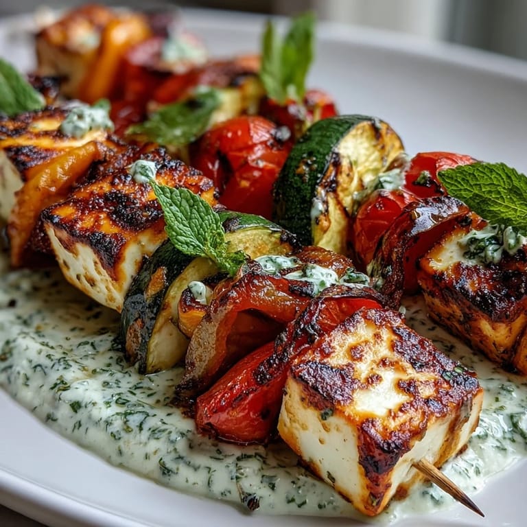 Skewers of vibrant bell peppers, zucchini, and cherry tomatoes paired with grilled halloumi and drizzled with refreshing herb yogurt sauce.  
