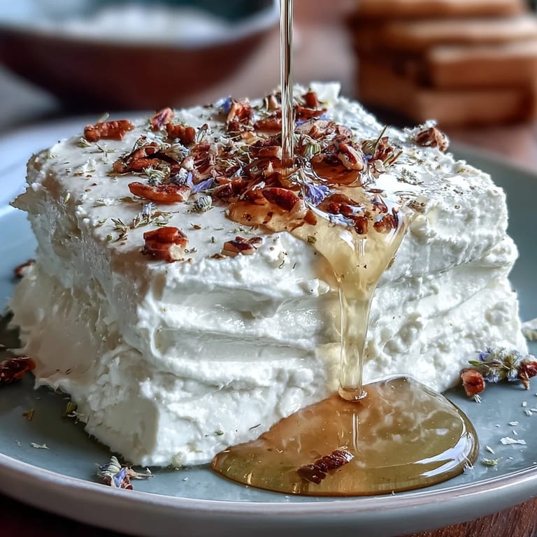 Tangy feta blended with cream cheese and topped with floral honey drizzle for a Mediterranean treat.  