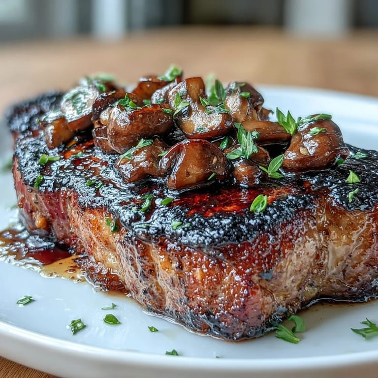 Garlic butter steak with sautéed wild mushrooms, offering a buttery, earthy taste and a tender, juicy bite.