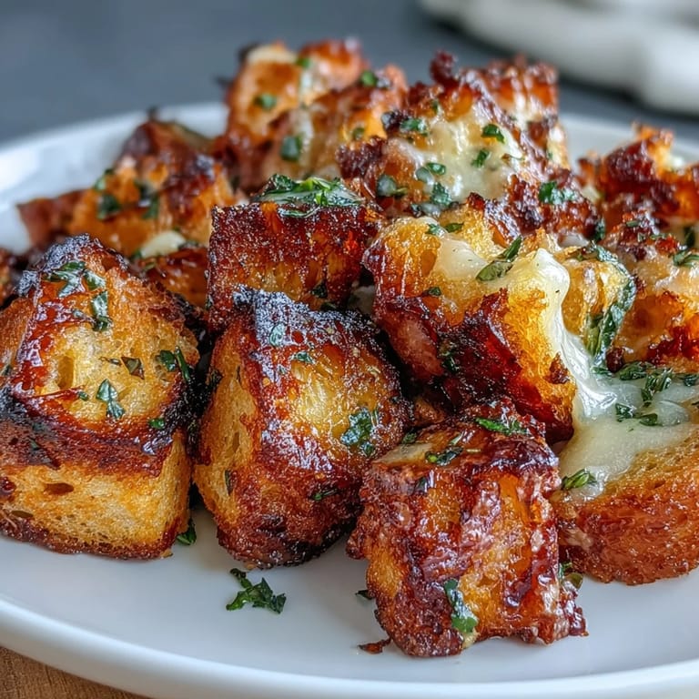 Crunchy sourdough croutons seasoned with garlic and herbs, ideal for adding texture to classic French onion soup bowls.