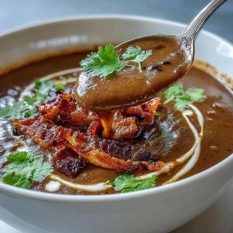Rich black bean soup with lime crema drizzle, crispy bacon bits, and fresh cilantro, served with lime wedges.