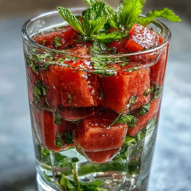 Refreshing watermelon mint infused water served in a clear glass with ice cubes and a sprig of mint, ideal for a light and healthy drink.