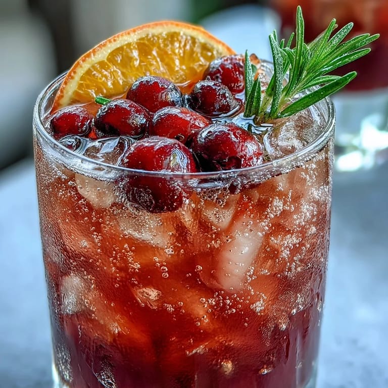 Refreshing Cranberry Orange Sparkler with Rosemary - chilled, fizzy drink garnished with orange slices and fresh herbs, perfect for holiday parties.