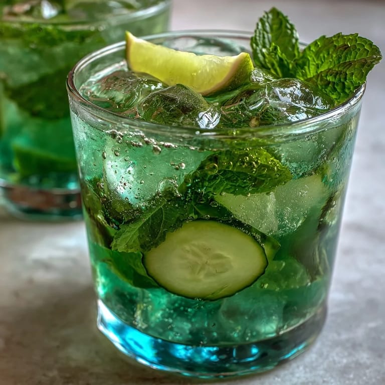 Vibrant virgin green mojito with bright lime wedges, fresh mint leaves, and cucumber, perfect for a refreshing summer drink.