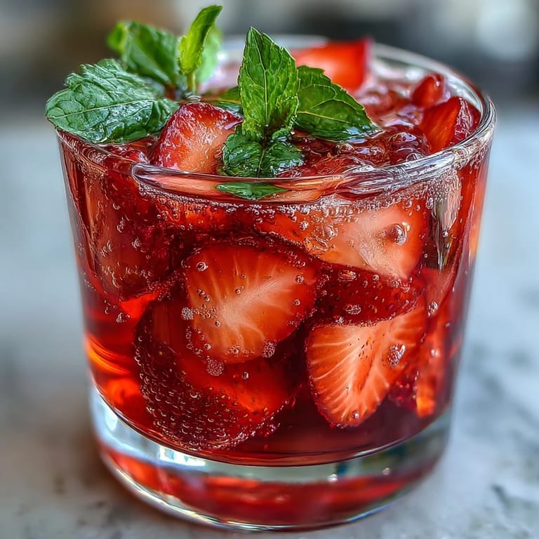 Refreshing non-alcoholic strawberry citrus drink with muddled fruit, sparkling water, and cucumber slices served chilled.  