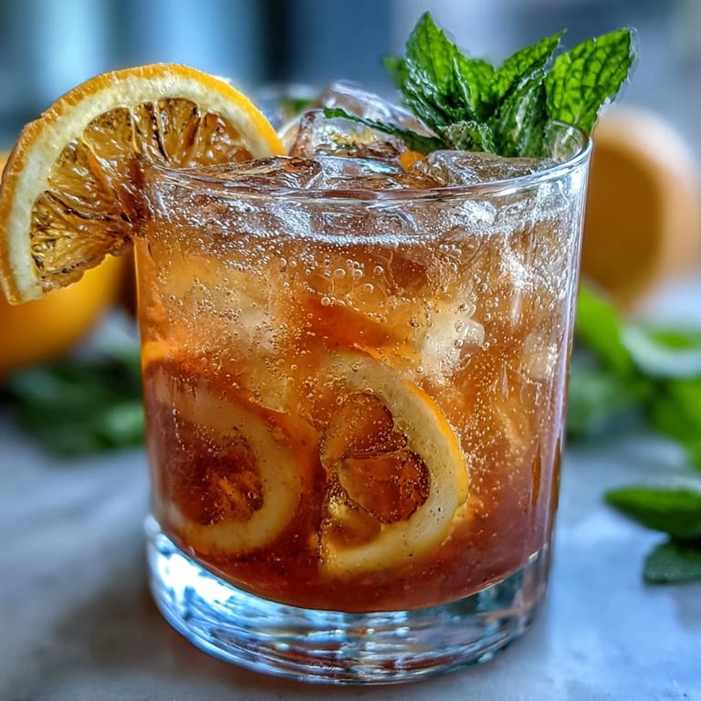A bubbly citrus punch featuring fresh orange and lemon slices, served over ice with a minty garnish.  