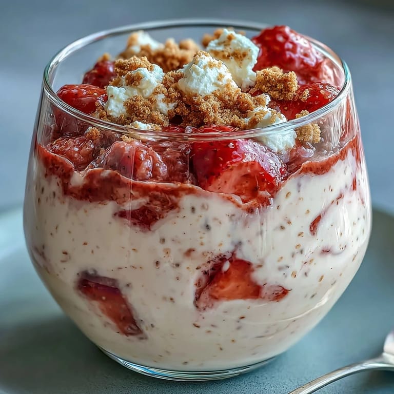 Protein-packed overnight oats with cottage cheese, chia seeds, and sweet strawberries for a healthy cheesecake-inspired breakfast.