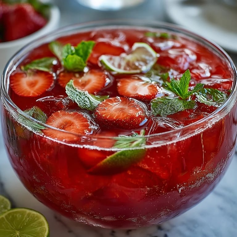Refreshing strawberry daiquiri punch bowl with rum, lime juice, and club soda, garnished with mint and fresh berries.
