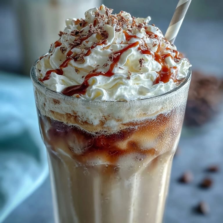 Vanilla bean frappuccino copycat featuring rich vanilla flavor and energizing cold brew ice cubes, topped with fluffy whipped cream.  