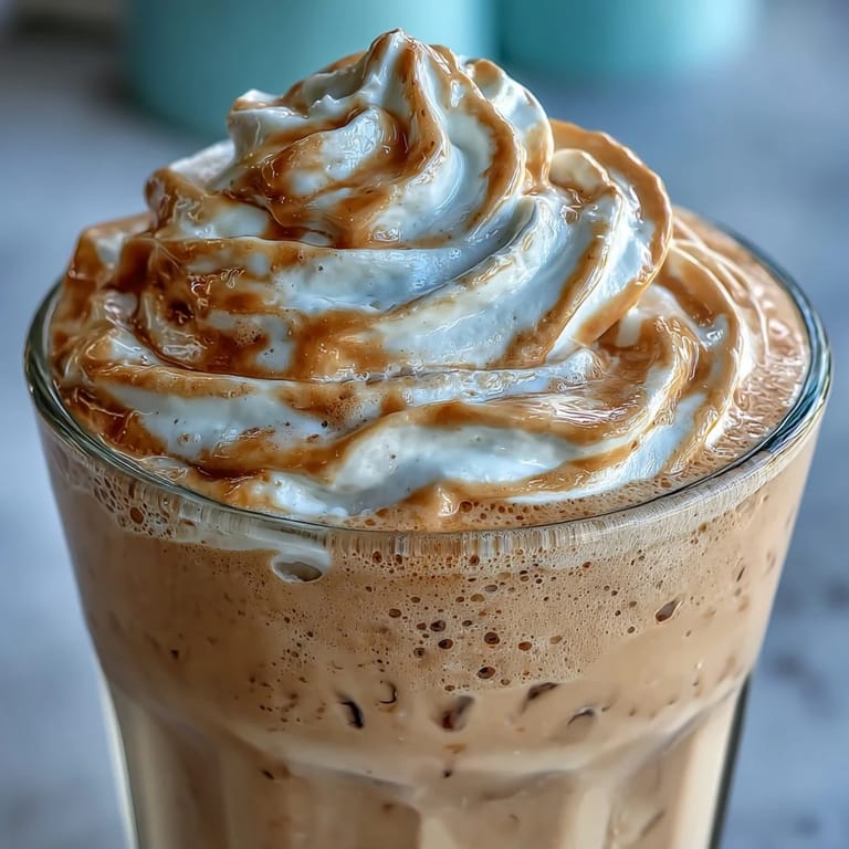 High-protein vanilla bean frappuccino shake featuring Greek yogurt, vanilla bean seeds, and a dollop of whipped cream on top.