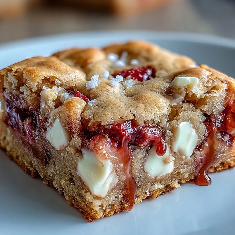 Buttery strawberry cookie bars filled with vibrant fruit and melty white chocolate chunks, a delightful treat for any occasion.