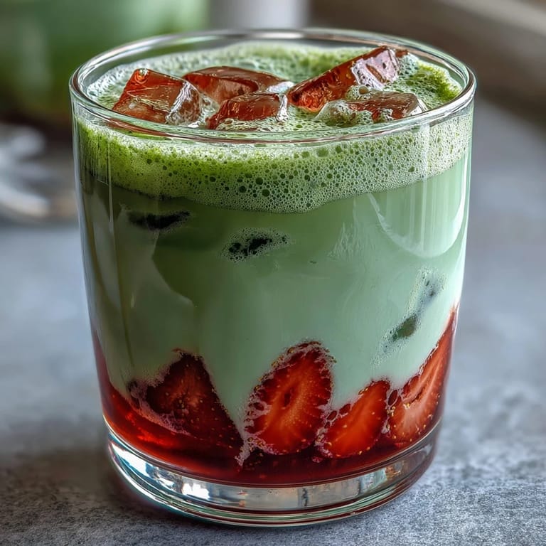 Creamy oat milk matcha latte featuring sweet strawberry syrup and earthy matcha for a refreshing dairy-free drink.