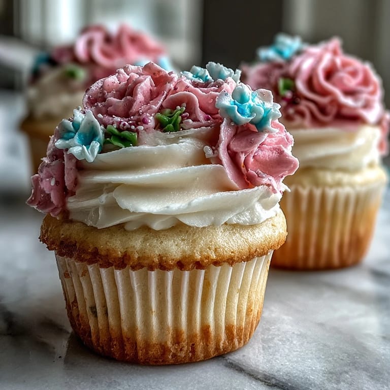 Soft and fluffy vanilla cupcakes beautifully decorated with piped buttercream blossoms in pastel hues.