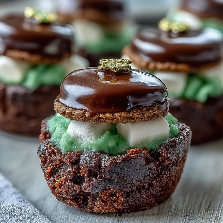 Festive fudgy brownie bites topped with chocolate marshmallow hats and gold sprinkles for a lucky holiday treat.