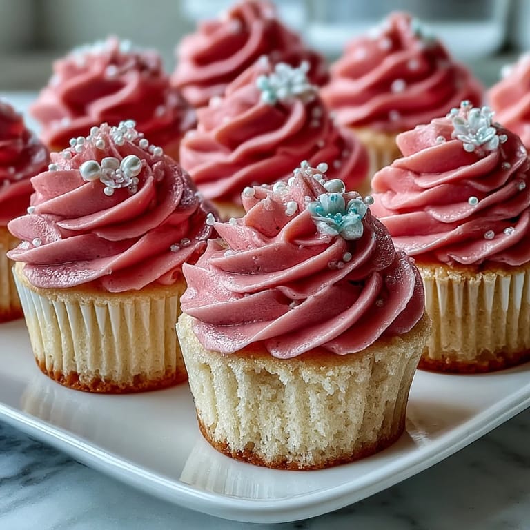 Soft, airy vanilla cupcakes with a swirl of sweet pink buttercream frosting, decorated with edible pearls for a bridal shower dessert.