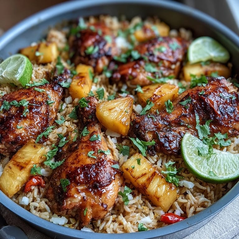 Tropical One-Pan Pineapple Chicken and Rice Bake featuring tender chicken thighs, fluffy rice, and fresh pineapple chunks, seasoned with smoky paprika and soy sauce.
