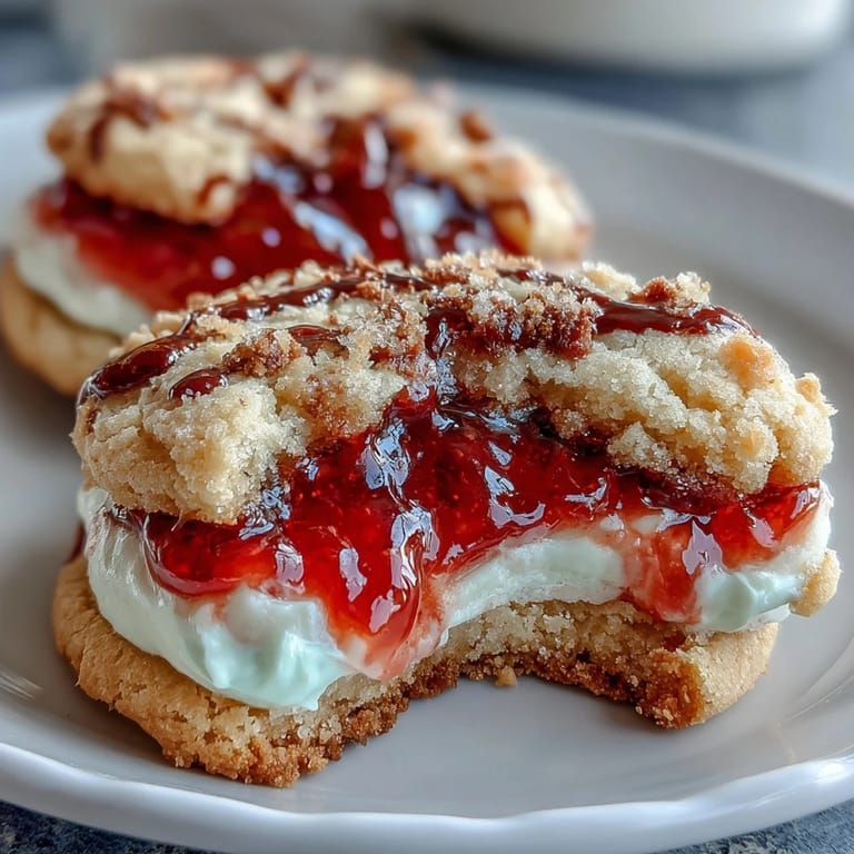 Tender sugar cookies enriched with clotted cream and filled with sweet strawberry jam, ideal for special occasions.