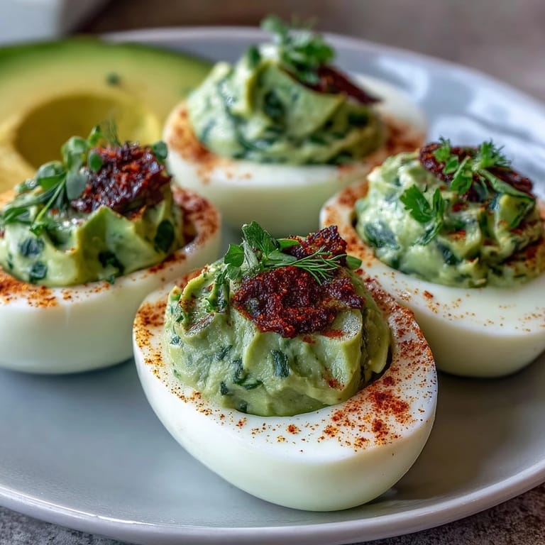 Vibrant deviled eggs featuring ripe avocado, fresh chives, and dill for a colorful, nutrient-rich twist on a classic party favorite.