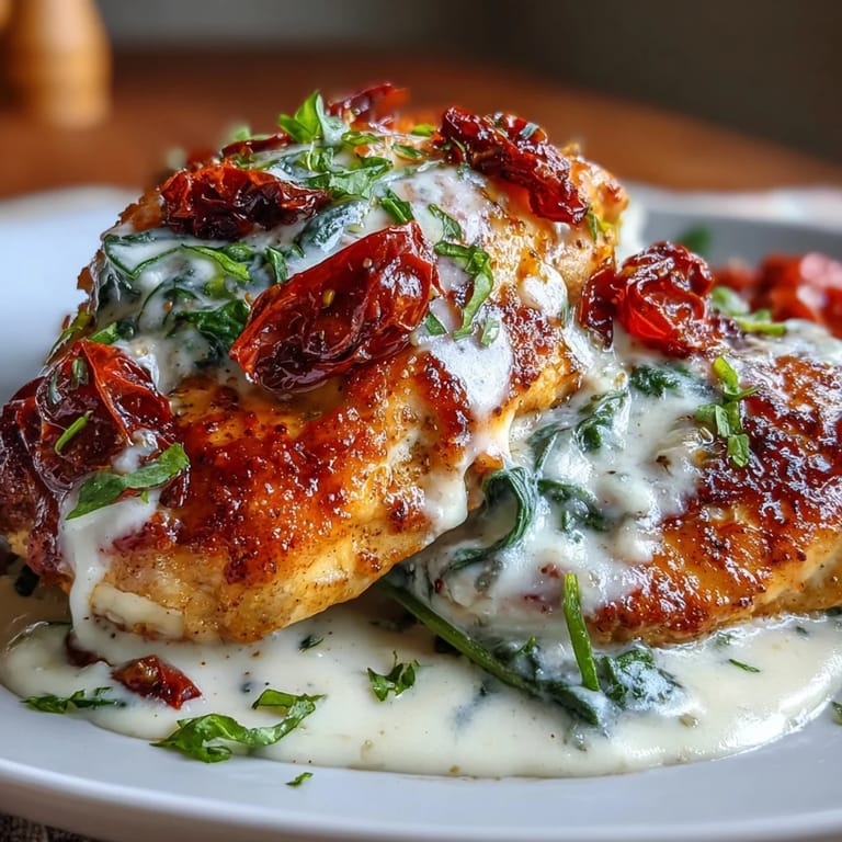 Creamy Tuscan Chicken Skillet: tender chicken in luscious sauce with spinach and Parmesan, perfect for dinner.