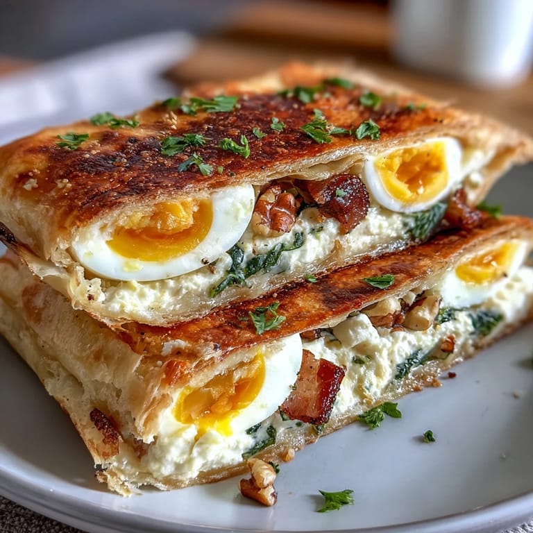 Savory Easter pie slice displays hearty ham, spinach, and perfectly centered hard-boiled eggs in rich, golden crust.
