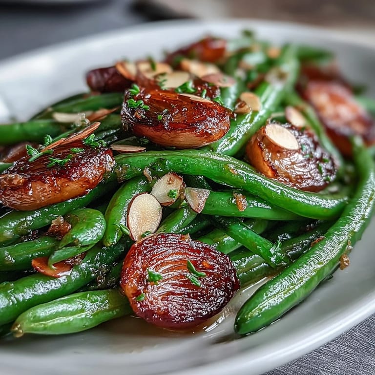 Golden Roasted Garlic Green Beans with a hint of lemon, offering a savory and aromatic addition to any holiday table.