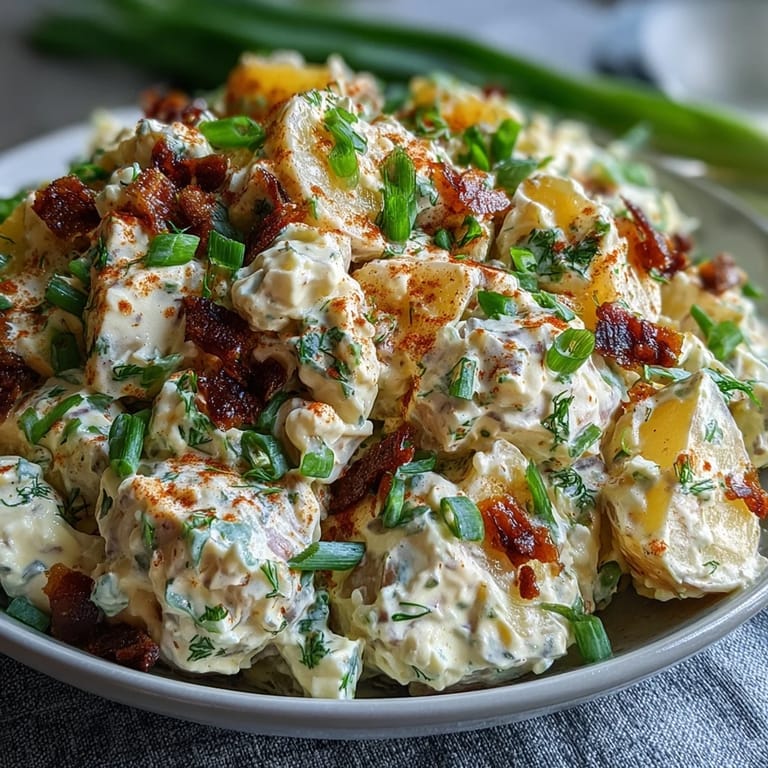 Tangy deviled egg potato salad with smoky paprika, fresh chives, and crunchy celery in a white serving dish.