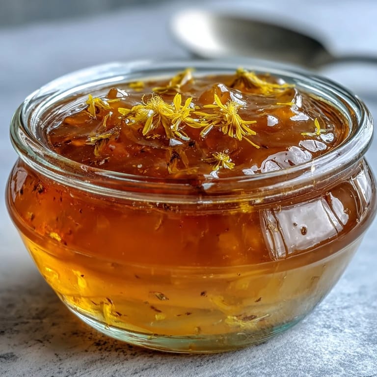 Vibrant dandelion jelly infused with zesty lemon and sweet honey, spread on warm buttered toast for a delightful springtime treat.