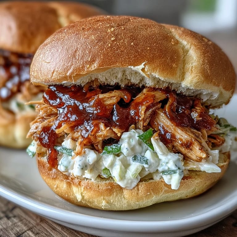 Slow-cooked shredded chicken drenched in smoky barbecue sauce, served on fluffy buns with crisp coleslaw for the ultimate cookout meal.
