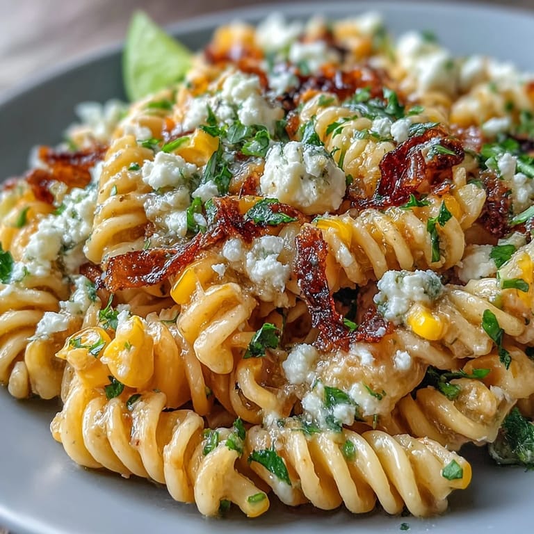Mexican street corn-inspired pasta featuring smoky paprika dressing, juicy corn kernels, and zesty lime over al dente rotini.
