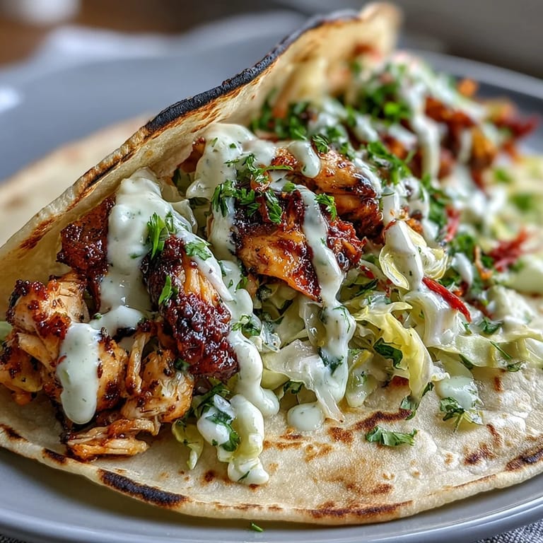Flavorful roasted chicken cabbage tacos topped with tangy marinated slaw and creamy lemon sauce for a fresh meal.  