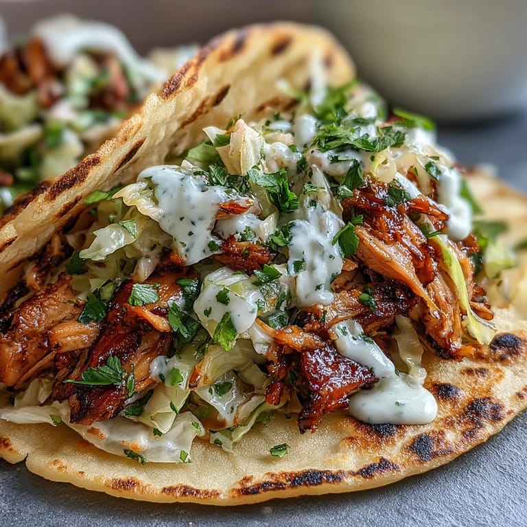 Juicy shredded chicken, crunchy cabbage slaw, and bright lemon crema in roasted chicken cabbage tacos—ready to serve.