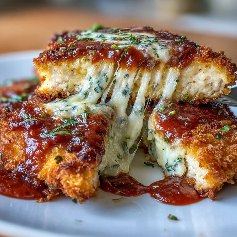 Juicy air-fried chicken breasts coated in Parmesan breadcrumbs, topped with rich marinara and gooey cheese.  