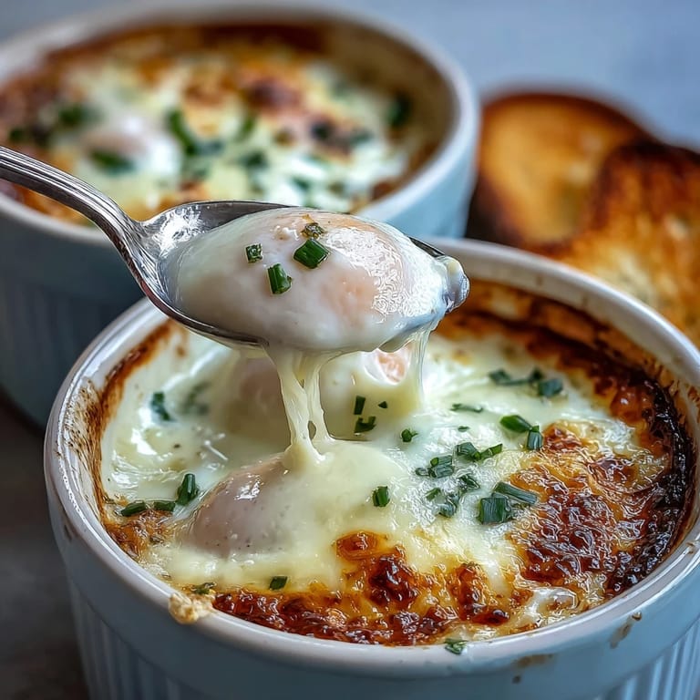 Golden yolk baked eggs en cocotte nestled in rich cream and herbs, topped with parmesan.