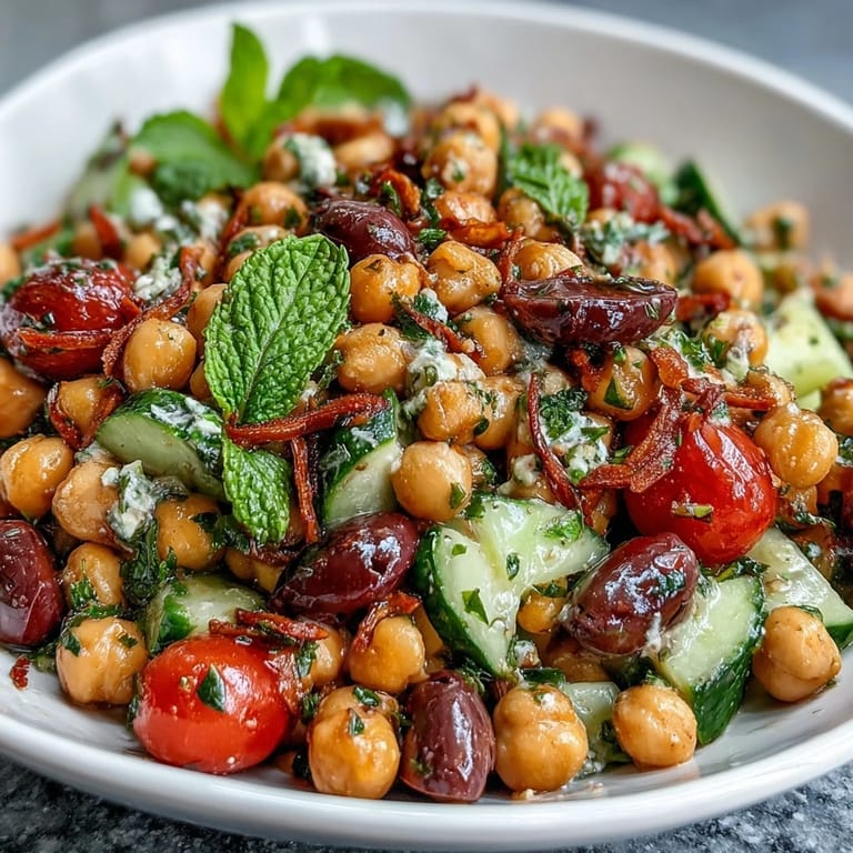 Tender chickpeas and crisp veggies shine in this fresh Mediterranean salad.