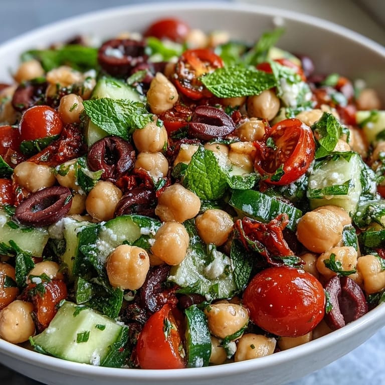 Bright Mediterranean Chickpea Salad brimming with fresh herbs on a plate.