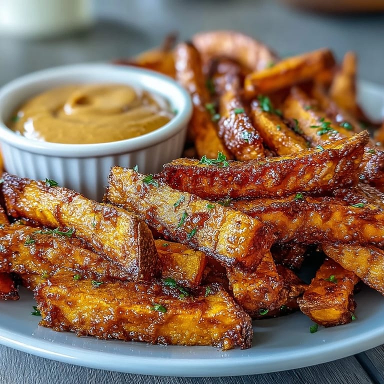 Deliciously seasoned air fryer sweet potato fries served ready with zesty chipotle aioli.