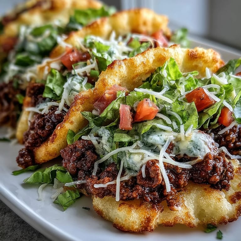 Savory seasoned beef fills light cloud bread taco shells, perfect for a healthy meal.
