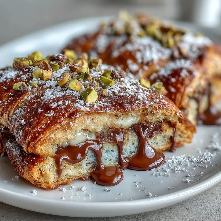 Luxurious Dubai Chocolate Pistachio Croissant French Toast, a sweet breakfast indulgence.